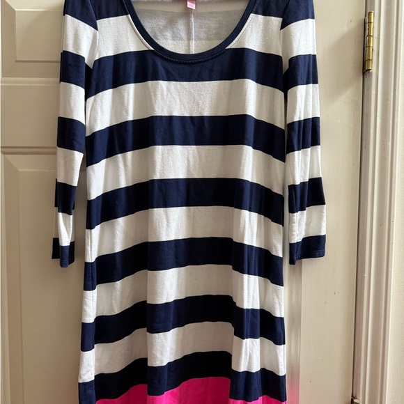 New Lilly Pulitzer Navy Blue, White, and Pink Striped Devon Shift Dress - Picture 4 of 8